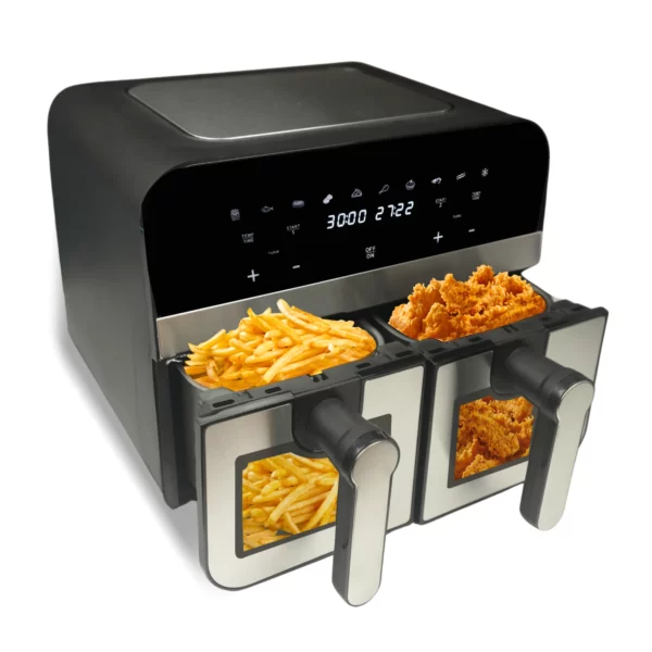 Comfy Nest CN-AFD45WS: 2400W Dubbele Mand Digitale S/S Airfryer met Venster - 9L